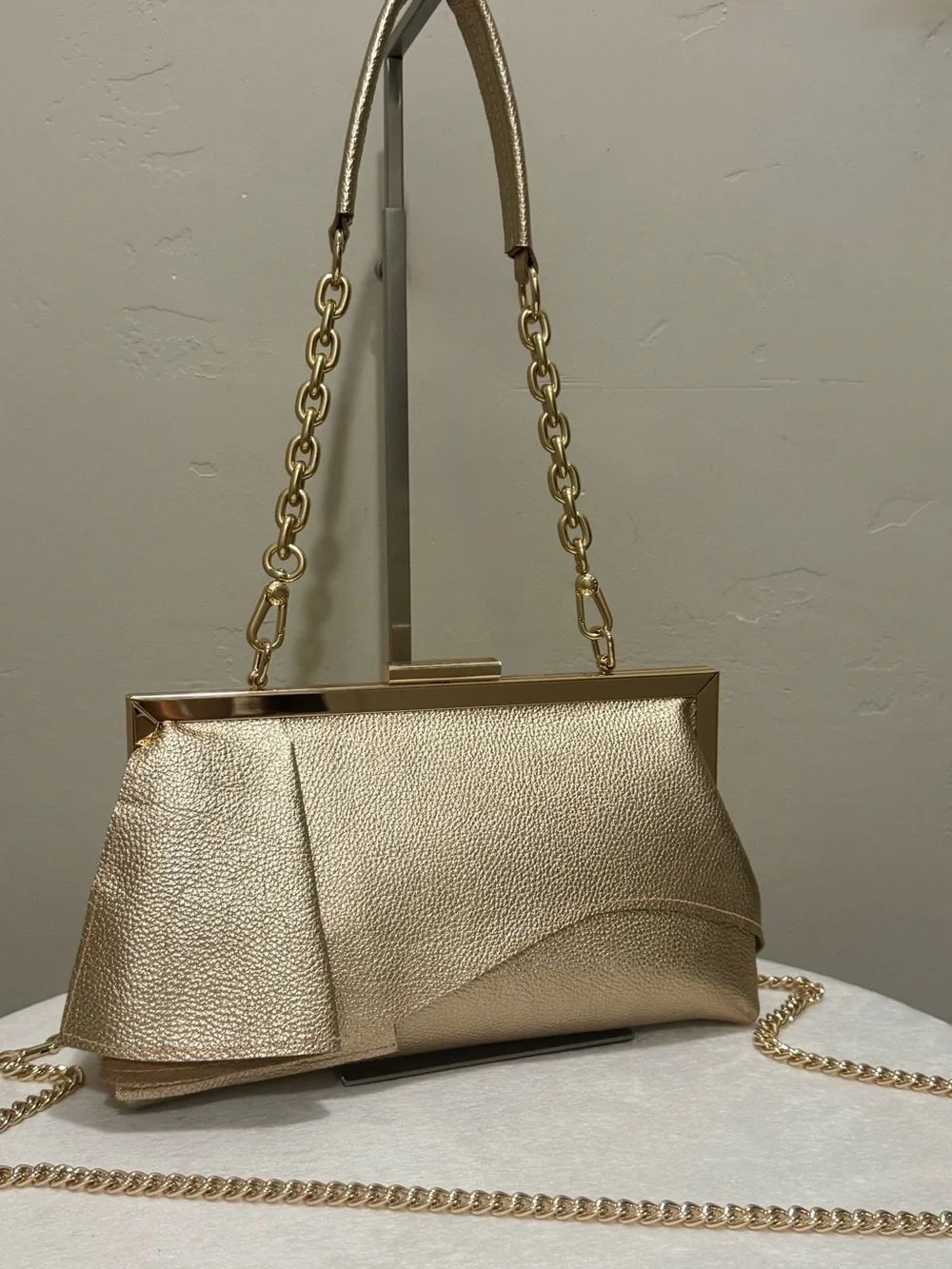 Gold Pebble Leather Handmade Asymmetrical Ruffles Push Lock Frame Bag